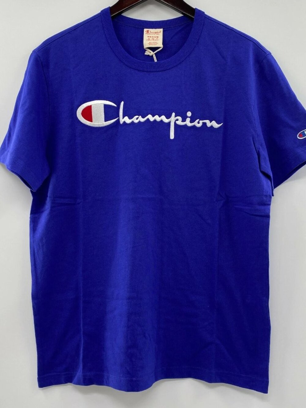 Champion Men's Big Script Crew Neck T-Shirt Reverse Weave in Blue Jay